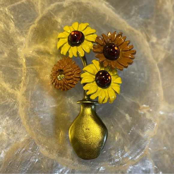 Fashion Jewelry Jewelry - Sunflower Floral Vase Metal Enamel Brooch 2" NEW